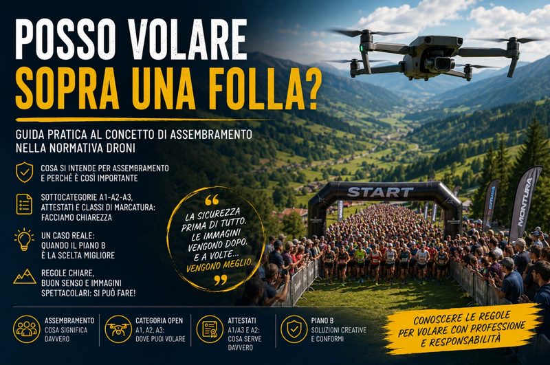 Drone in volo durante una gara di corsa in montagna