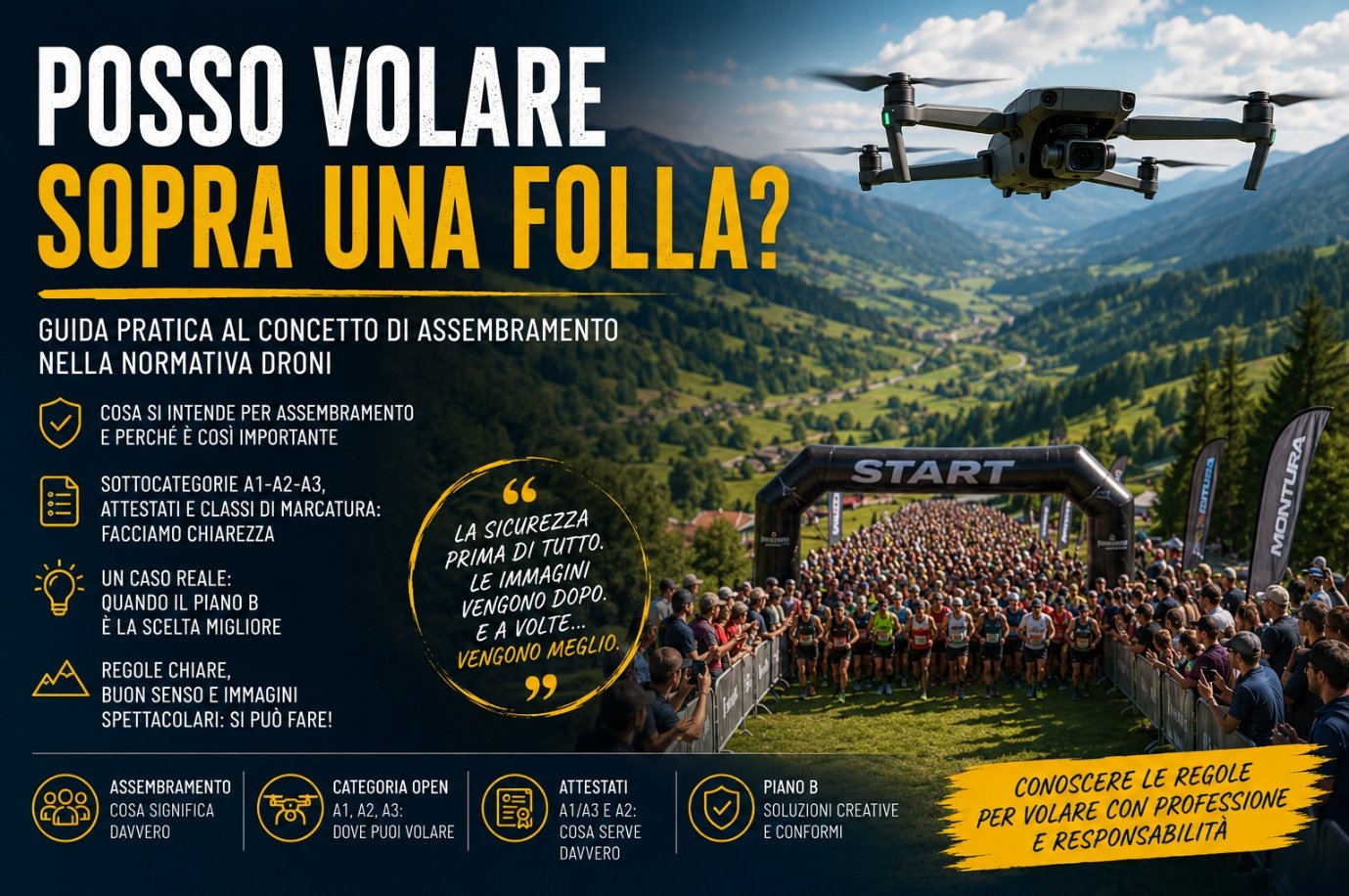 Drone in volo durante una gara di corsa in montagna con atleti e pubblico